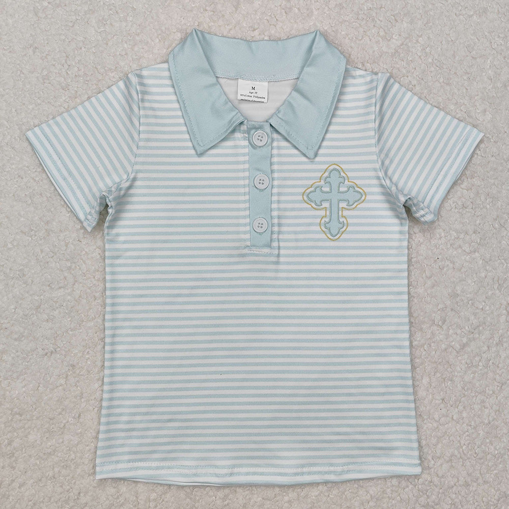 BT1045 Cross Stripes Print Boys Easter Button Polo Tee Shirts Top
