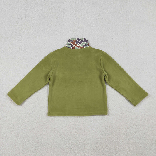 BT1308 Camo Green Print Kids Thick Sherpa Zipper Pullover Top