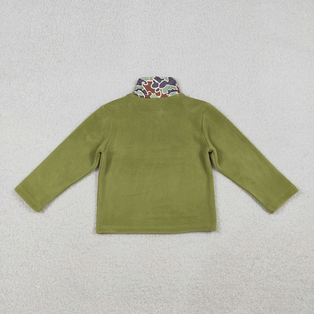 BT1308 Camo Green Print Kids Thick Sherpa Zipper Pullover Top