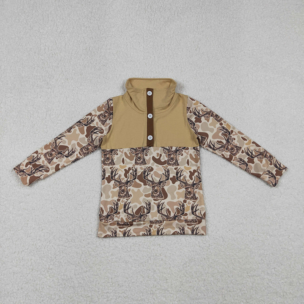 BT1338 Deer Camo Print Boys Long Sleeve Zipper Pullovers Top