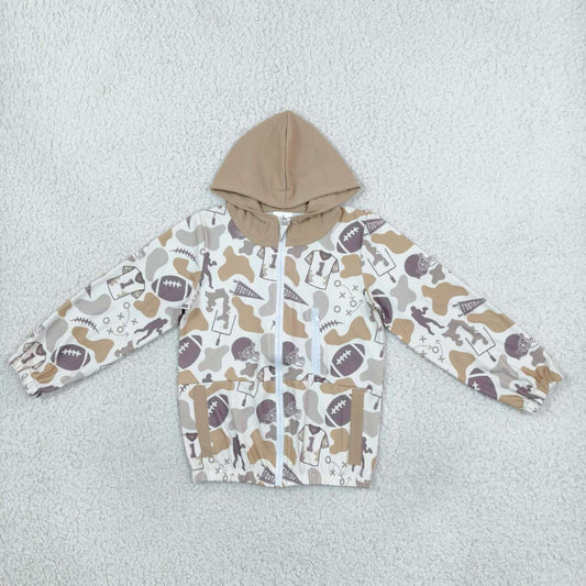 BT1570 Football Brown Camo Print Kids Full Zip Pockets Hoodie Jacket Top