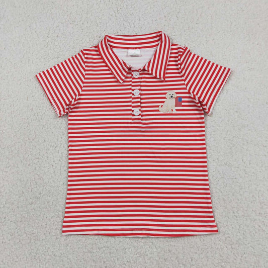 BT1619 Dog Flag Red Stripes Print Baby Boys 4th of July Short Sleeve Polo Top