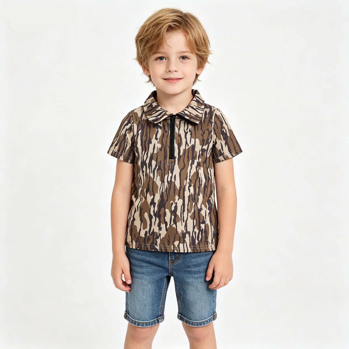 2 Colors Camo Boys Zipper Short Sleeve Tee Shirts Top Brothers Wear