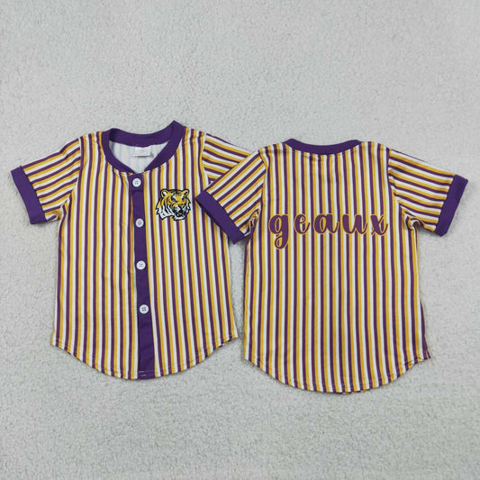 BT1745 Teams LSU Tigers Stripes Print Boys Short Sleeve Button Tee Shirts Top