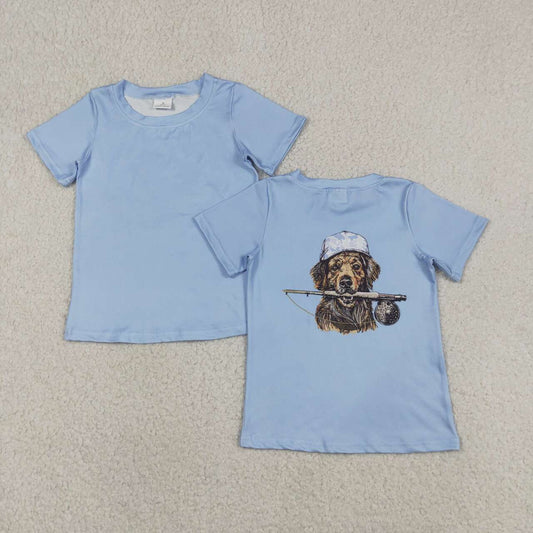 BT1765 Dog Fishing Blue Boys Summer Short Sleeve Tee Shirts Top