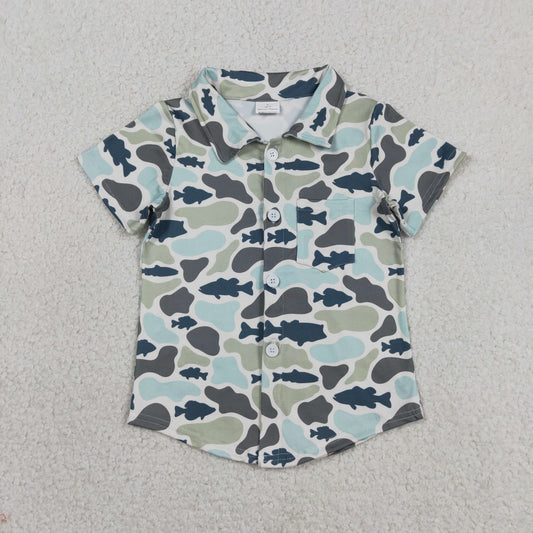 Fish Green Blue Camo Boys Pocket Button Tee Shirts Top