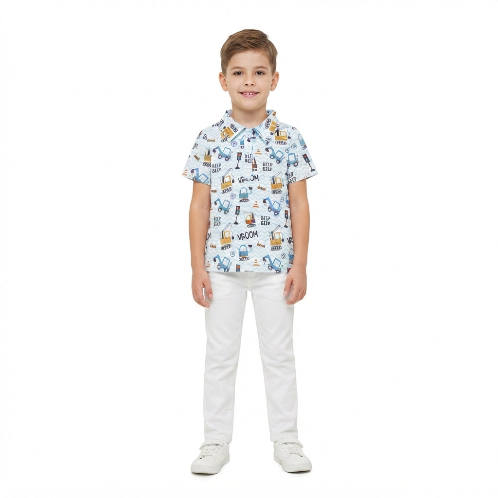 BT1793 Construction Trucks BEEP Boys Polo Tee Shirts Top