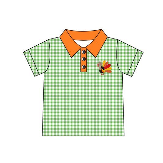 7.23 Preorder BT1889 Baby Boys Thankgiving Turkey Green Gingham Short Sleeve Polo Top