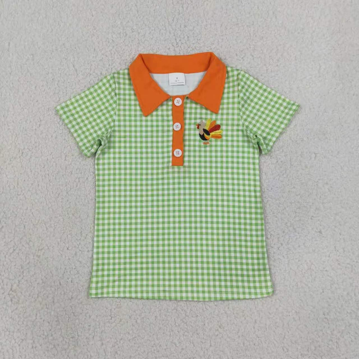 Sibling Kids Boys Fall Embroidery Punpkin Turkey Gingham Short Sleeve Polo Shirt Top
