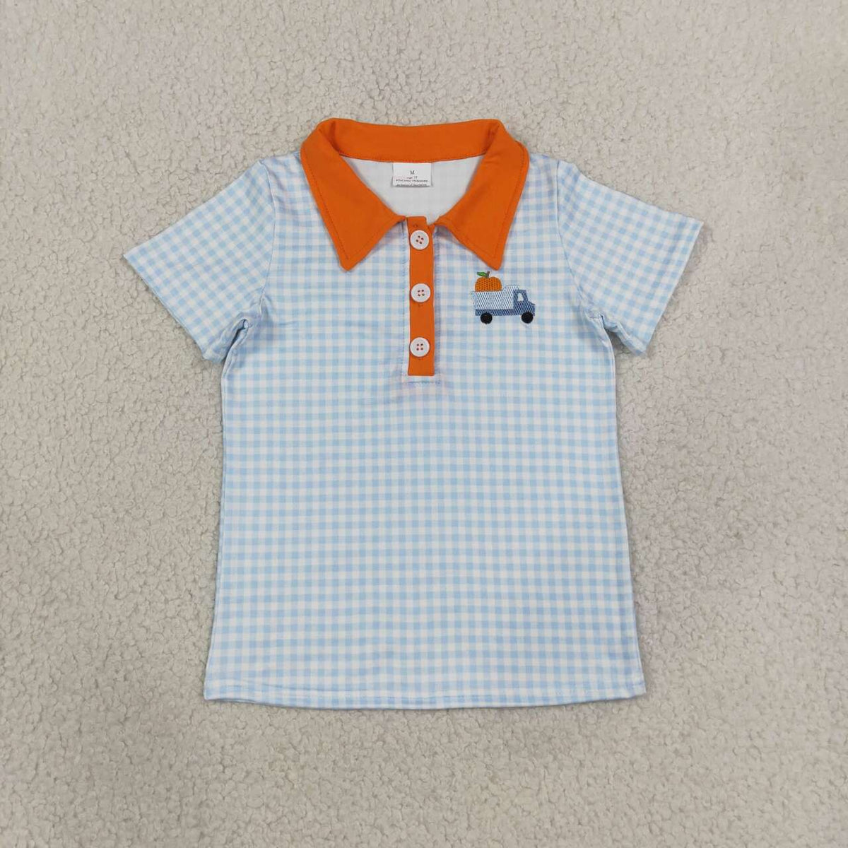 BT1890 Pumpkin Truck Embroidery Blue Checkered Print Boys Fall Polo Tee Shirts Top