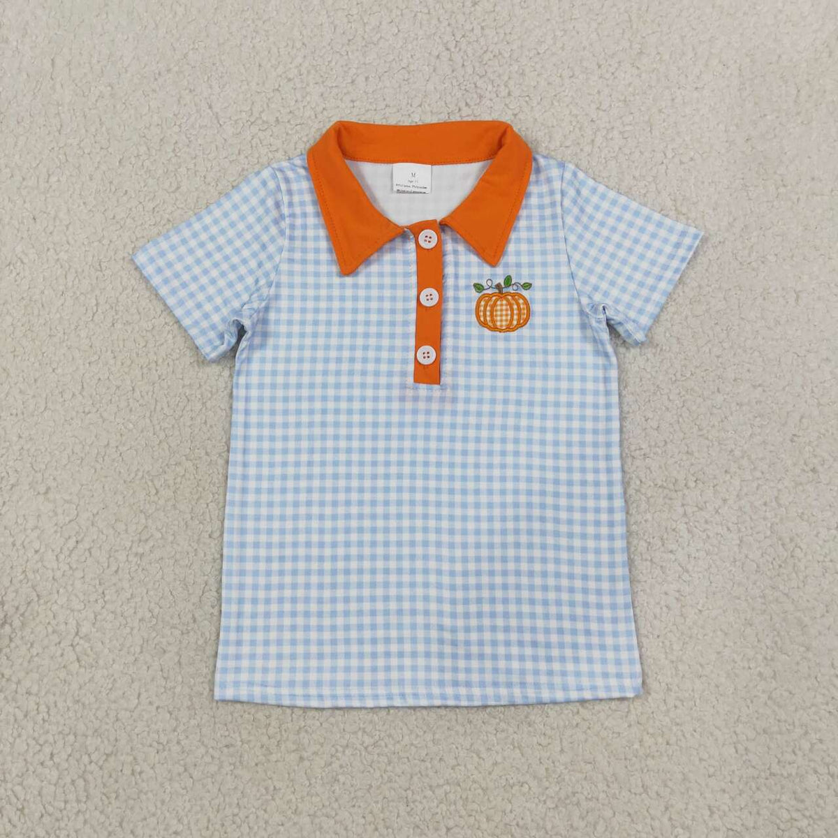 BT1891 Pumpkin Embroidery Blue Checkered Print Boys Fall Polo Tee Shirts Top