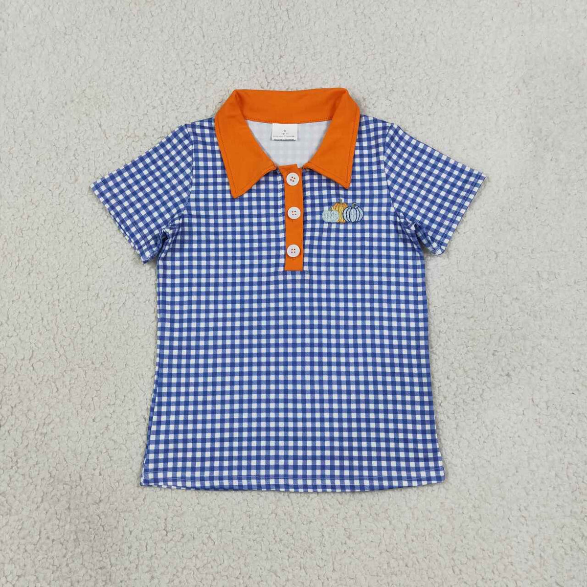 BT1892 Pumpkin Embroidery Blue Checkered Print Boys Fall Polo Tee Shirts Top