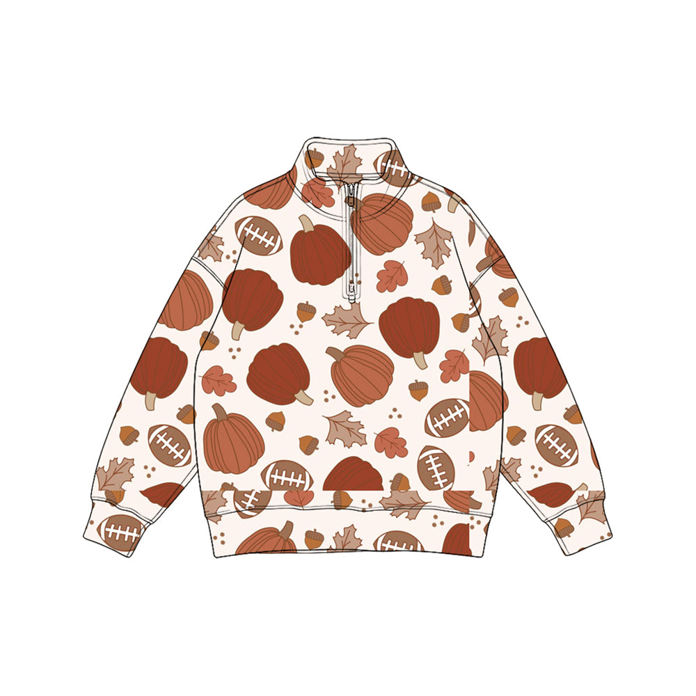 8.7 Preorder Kids Boys Fall Football Pumpkin Long Sleeve Zipper Pullover Top