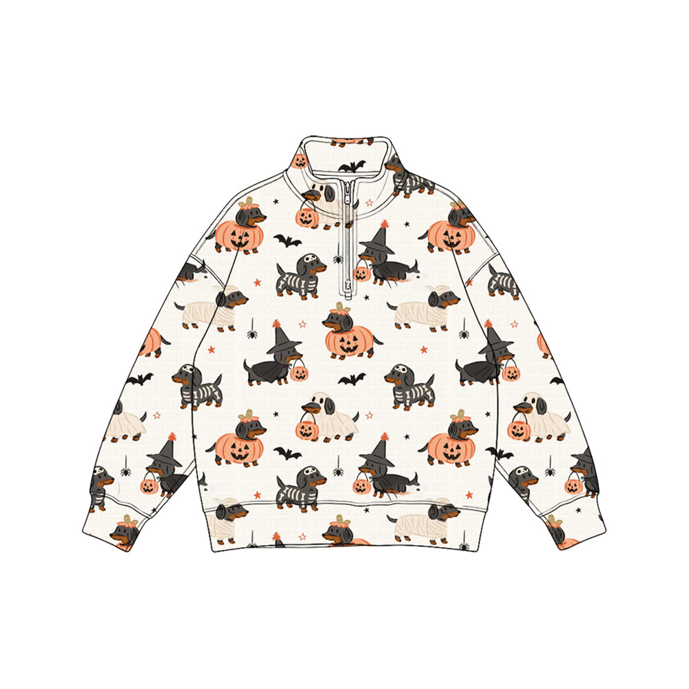 8.7 Preorder Kids Boys Halloween Dachshund Dog Long Sleeve Zipper Pullover Top