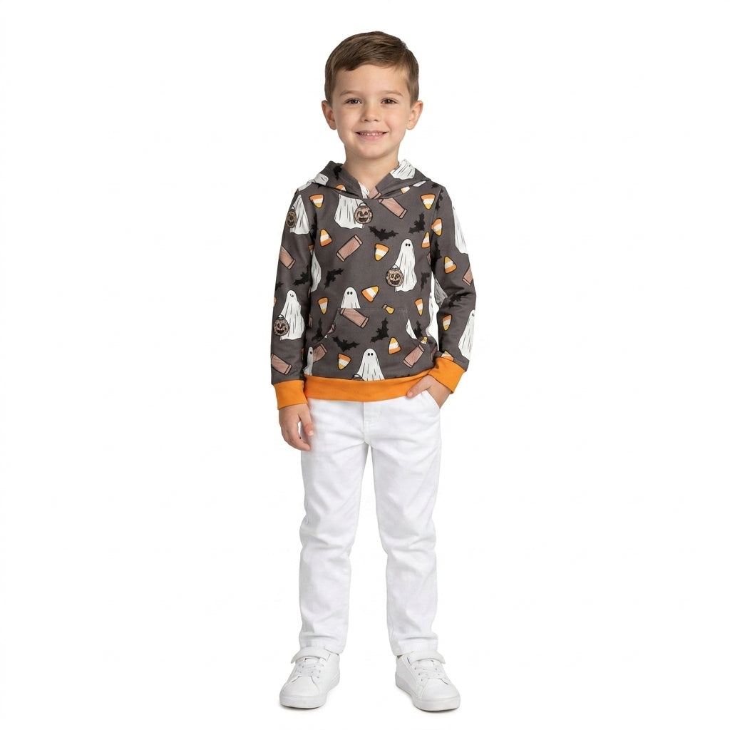 BT1898 Ghost Candy Bat Print Boys Halloween Long Sleeve Hoodie Top