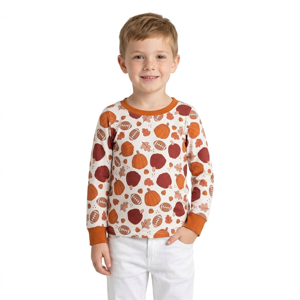 BT1928 Football Pumpkin Leaf Print Kids Boys Fall Long Sleeve Tee Shirts Top