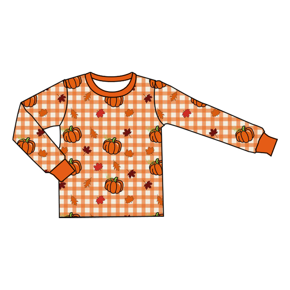 BT1929 Pumpkin Leaf Orange Checkered Print Boys Fall Long Sleeve Tee Shirts Top