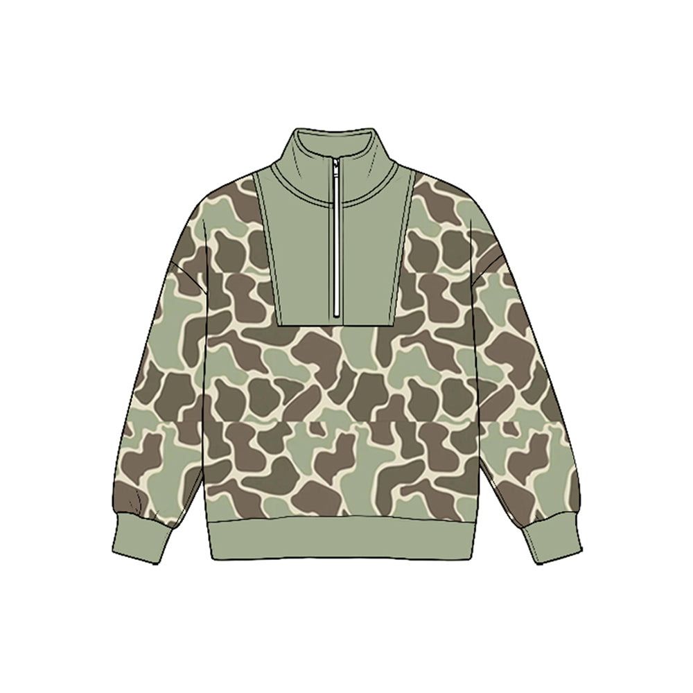 8.25 Preorder Olive Duck Camo Half‑Zip Long Sleeve Pullover Top