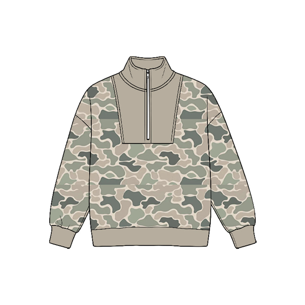 8.25 BT1947 Preorder Green Camo Half‑Zip Long Sleeve Pullover Top