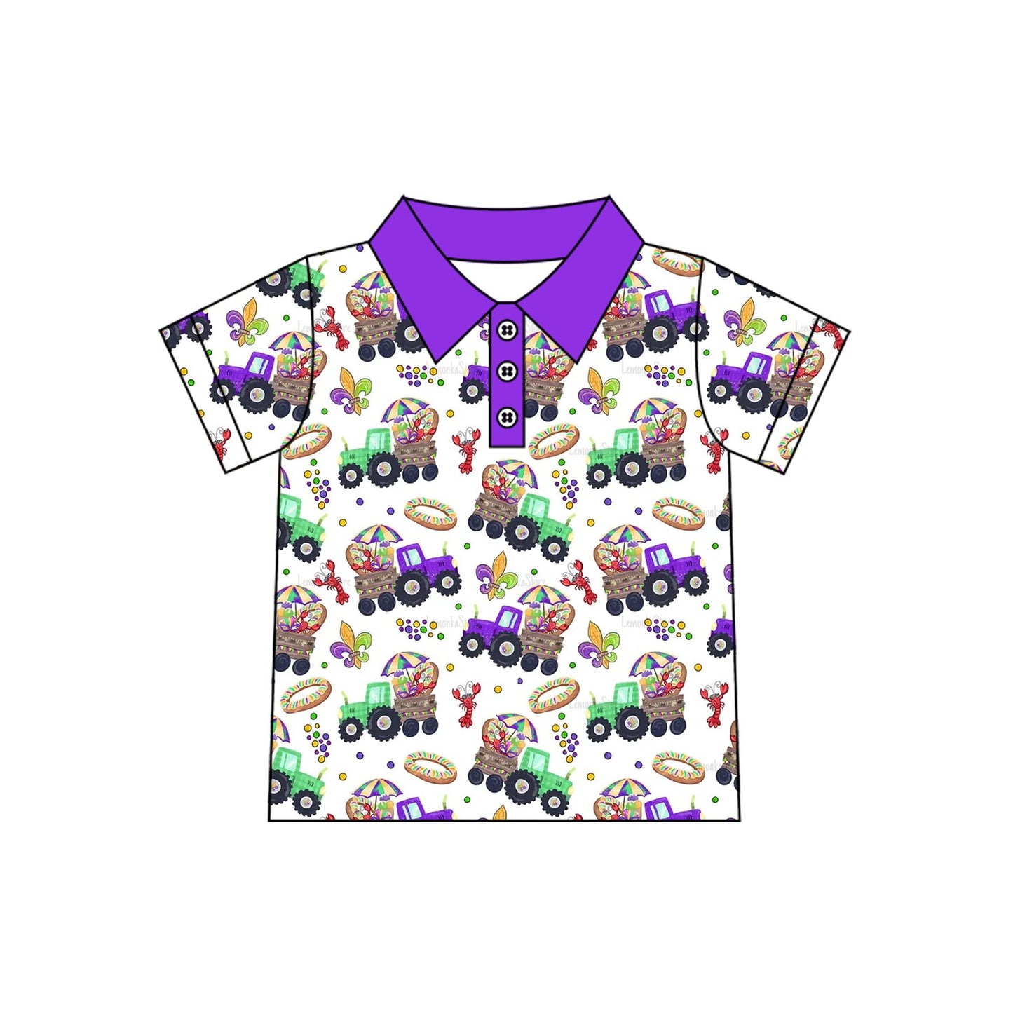 9.3 BT1959 Preorder Baby Boys Mardi Gras Tractor Carwfish King Short Sleeve Polo Shirt