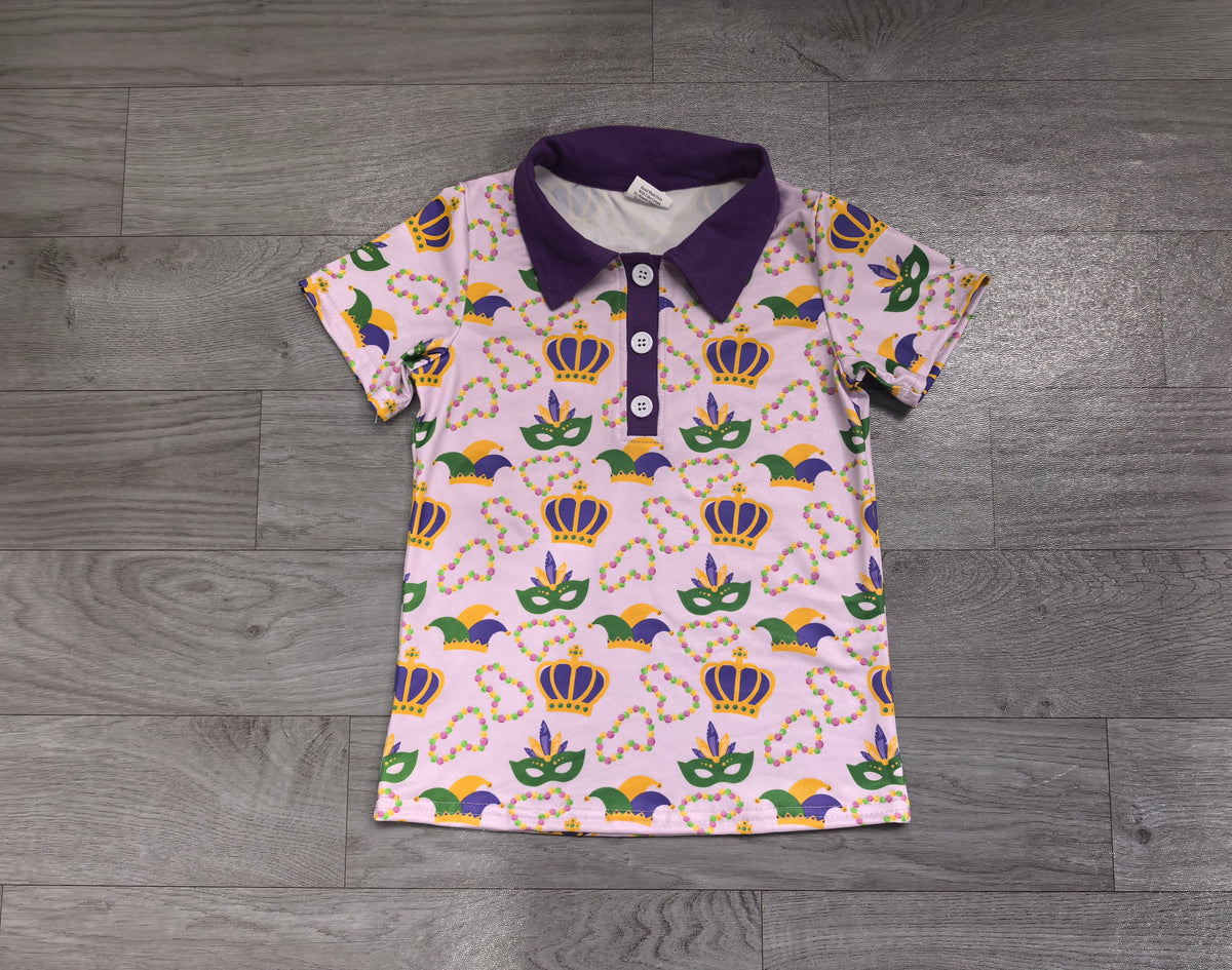 BT1960 Preorder Baby Boys Mardi Gras Mask Crown Short Sleeve Polo Shirt