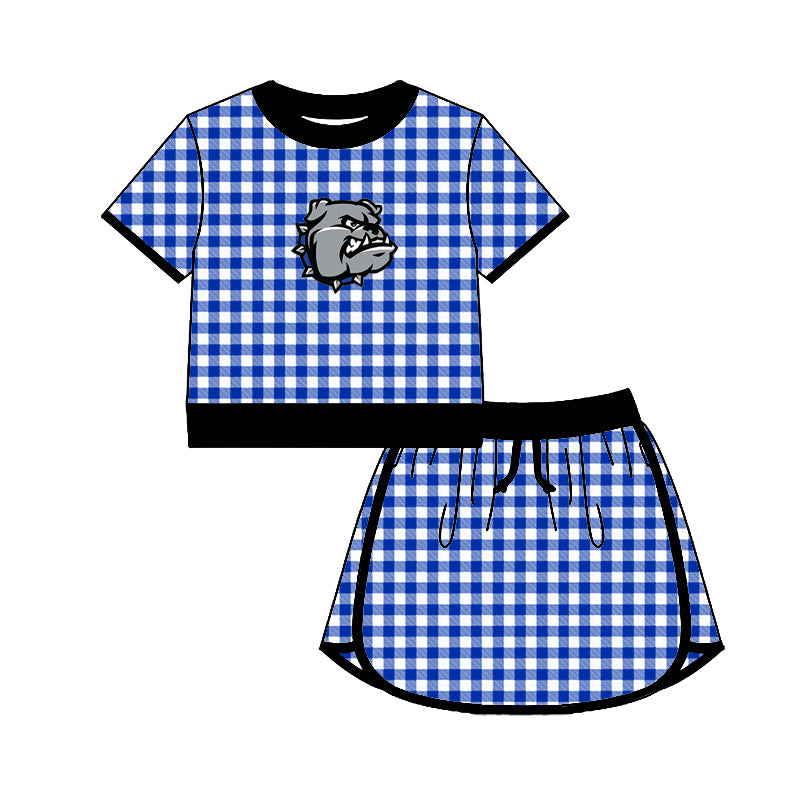 (Custom Design Preorder MOQ 5) Teams Bartlett Bulldogs Black Edge Top Blue Checkerd Skort Girls Summer Yoga Clothes Set