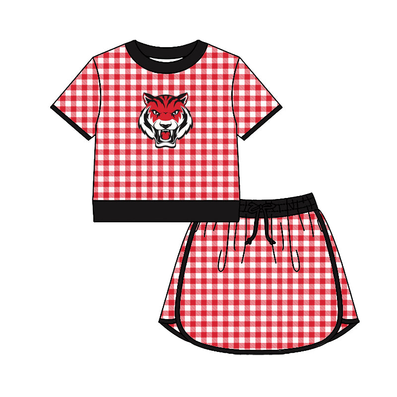 (Custom Design Preorder MOQ 5) Teams Belton Tigers Top Red Checkerd Skort Girls Summer Yoga Clothes Set