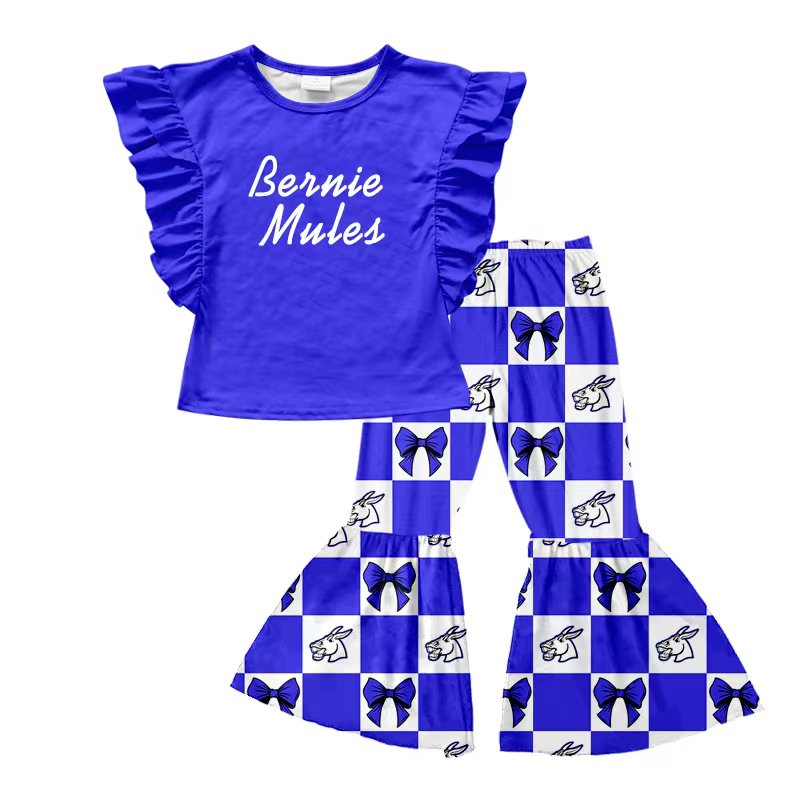 (Custom Design Preorder MOQ 5) Teams Bernie Mules Blue Top Bows Checkerd Bell Pants Girls Clothes Set