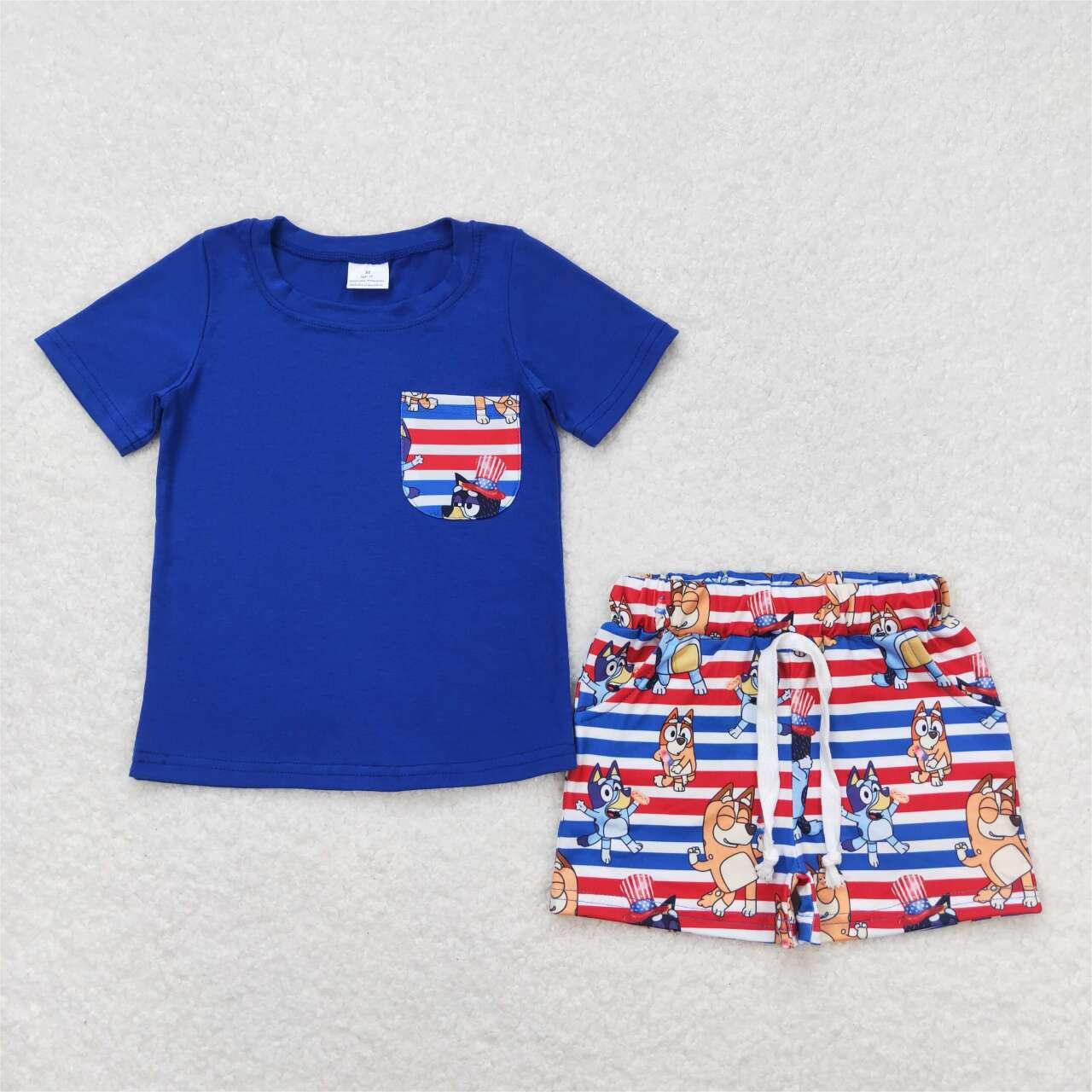 BSSO0513 Blue Pocket Top Cartoon Dog Stripes Shorts Boys 4th of July Clothes Sets