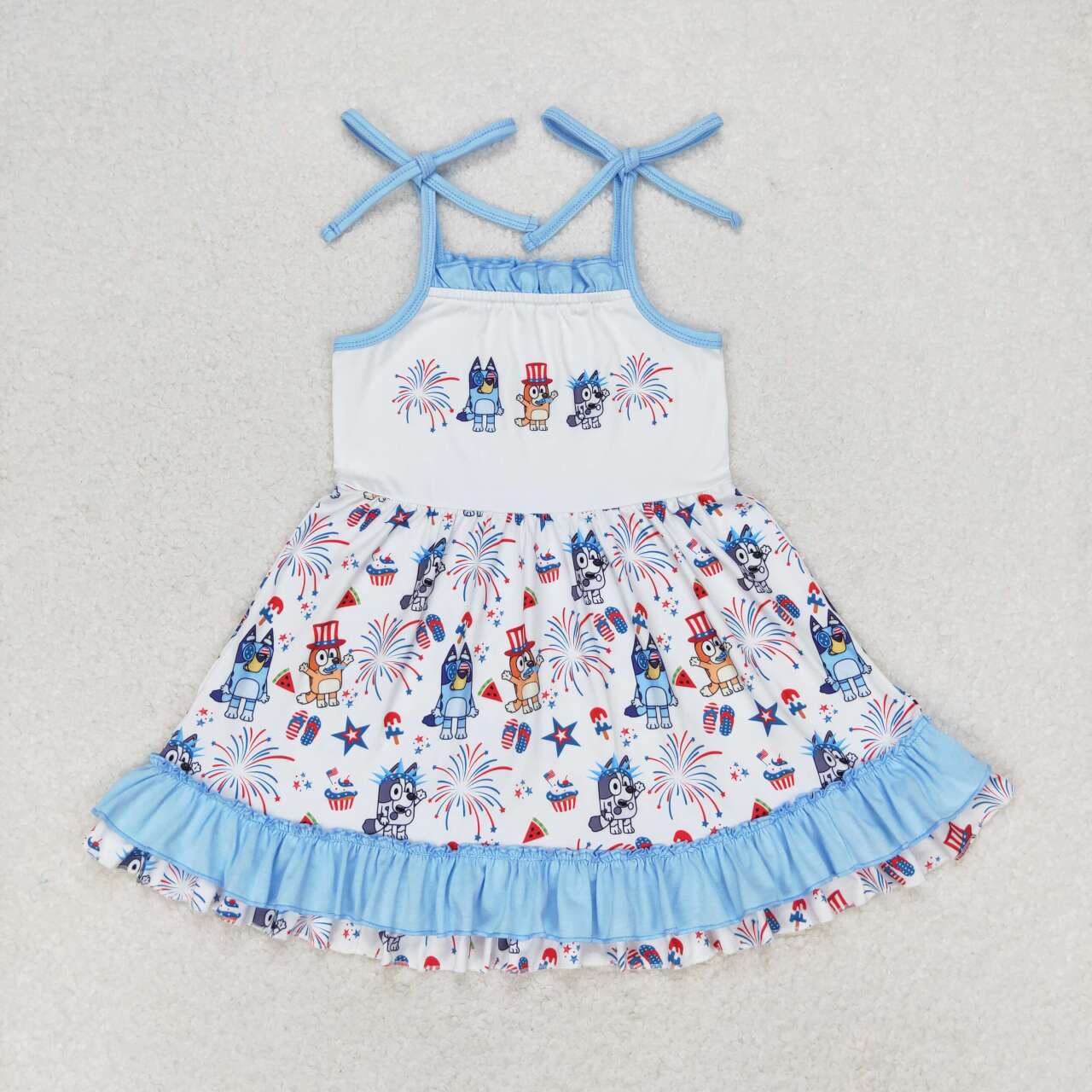 GSD1069 Cartoon Dog Fireworks Stars Baby Girls 4th of July Strap Ruffle Dress