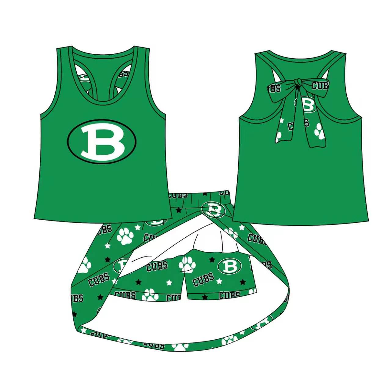 (Custom Design Preorder MOQ 5) Teams Brenham Cubs Green Tank Top Skort Girls Summer Yoga Clothes Set