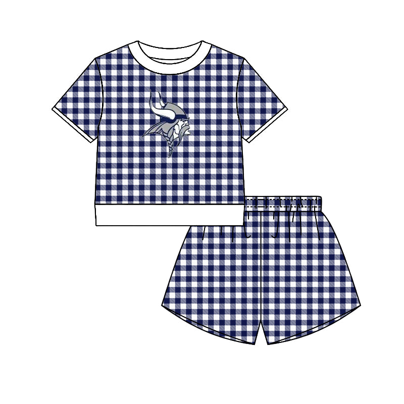 (Custom Design Preorder MOQ 5) Teams Bryan Vikings Top Navy Checkerd Shorts Mommy and Me Summer Yoga Clothes Set