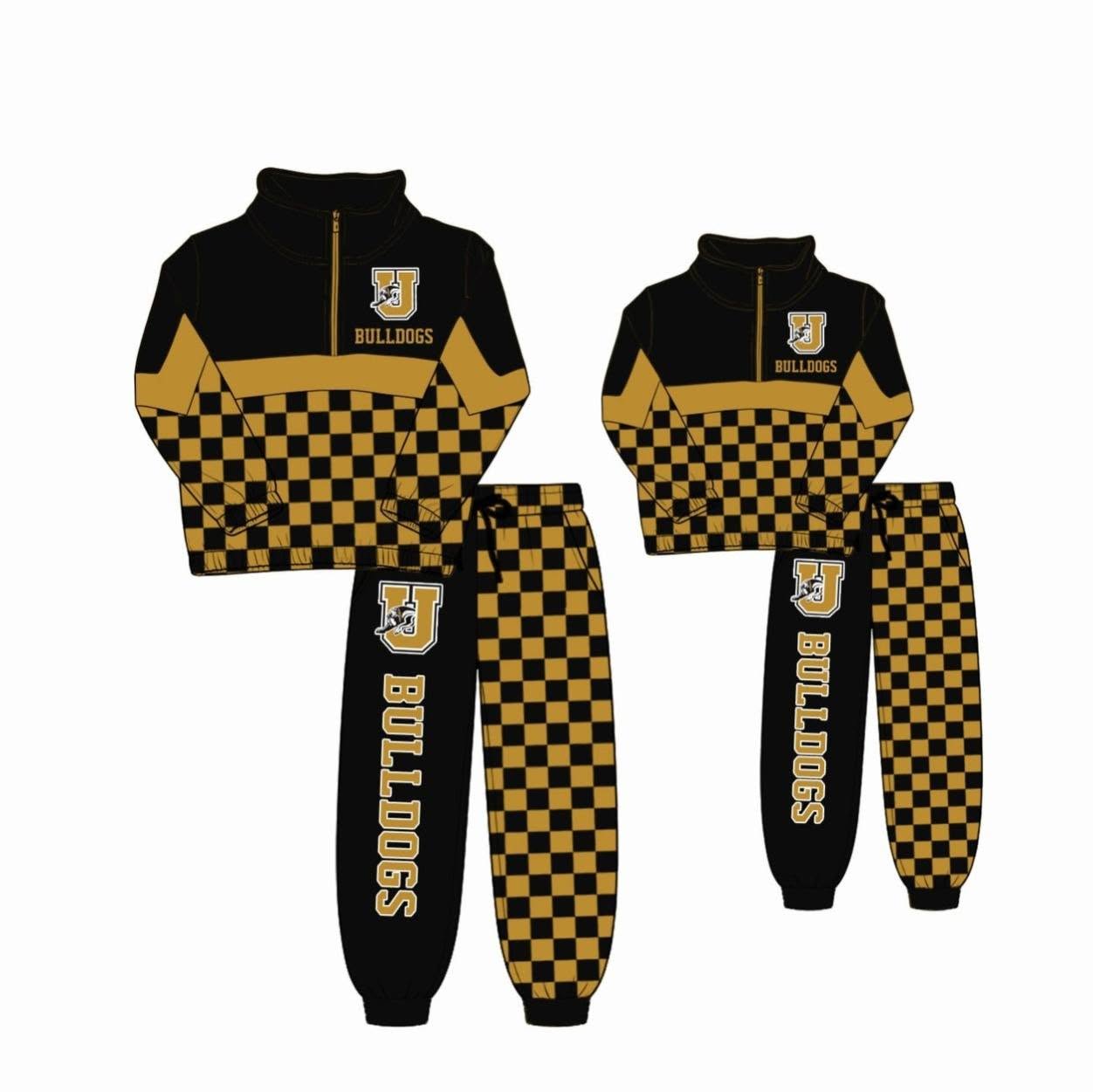 (Custom Design Preorder MOQ 5) Teams BULLDOGS Print Kids & Adult Long Sleeve Zipper Top Pockets Joggers Pants Clothes Set
