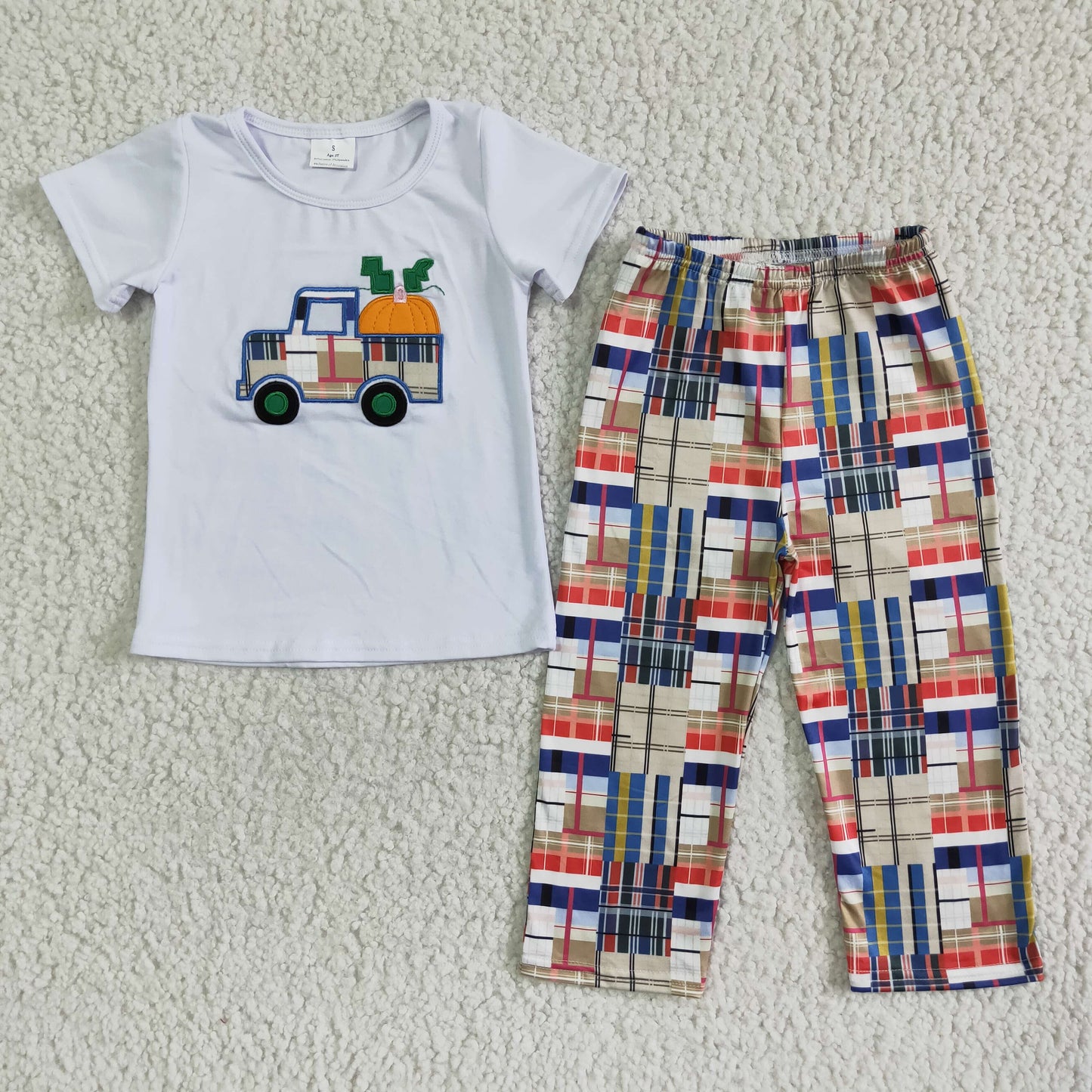 (Promotion) C1-22 Pumpkin Truck Embroidery White Top Plaid Pants Boys Fall Clothes Set