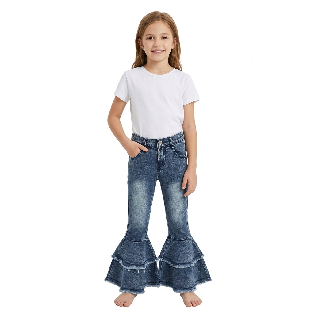 C5-15 Washed Blue Color Denim Girls Bell Bottom Ruffle Jeans