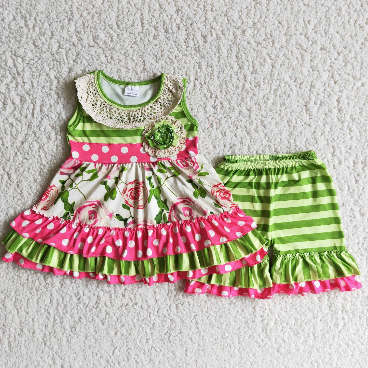 flowers tunic top ruffles shorts Girls summer outfits C9-23