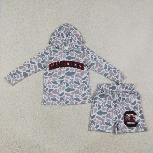 BLS0048 Teams Gamecocks Grey Camo Hoodie Top Shorts Boys Clothes Set