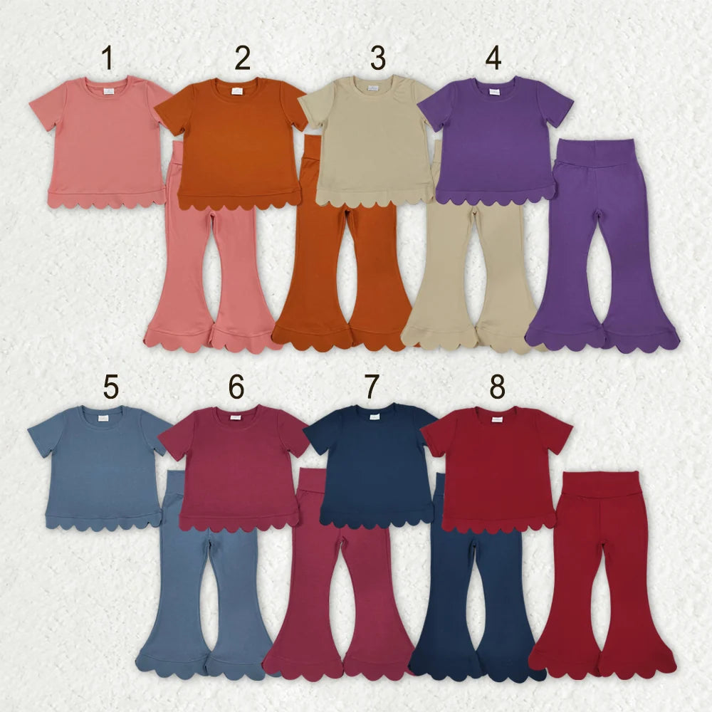 Sibling Baby Girls Solid Color Short Sleeve Scallop Top with bell Bottom Pants Outfit