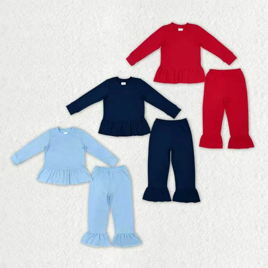 Sibling Kids Girls Solid Color Long Sleeve Tunic Top Ruffle Pants Outfit