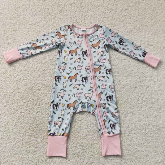 LR2401 Farm Animals Baby Girls Long Sleeve Zipper Sleeper Romper