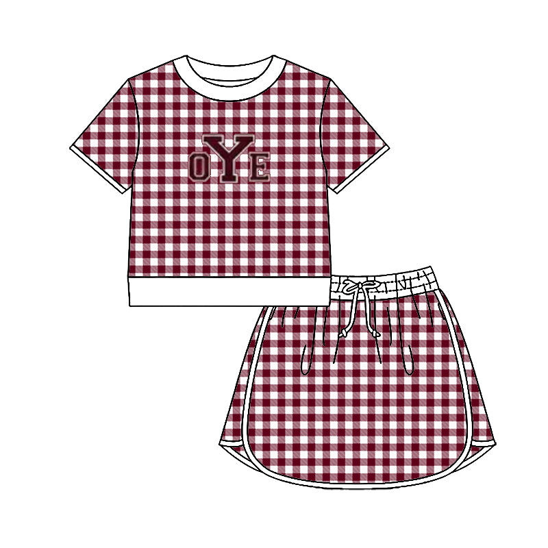 (Custom Design Preorder MOQ 5) Teams Cameron Yoemen Top Wine Checkerd Skort Girls Summer Yoga Clothes Set