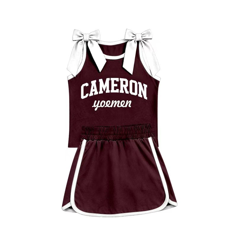 (Custom Design Preorder MOQ 5) Teams Cameron Yoemen Bows Top Wine Skort Girls Summer Clothes Set