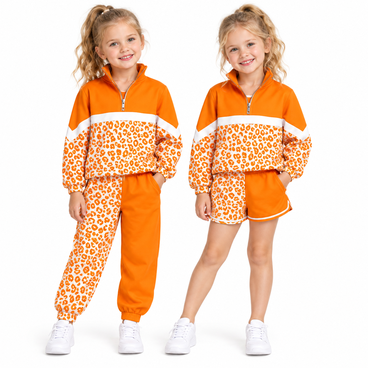 (Custom Design Preorder MOQ 5) Teams Orange Leopard Zipper Pullover Top Split Shorts Girls Kids Clothes Set