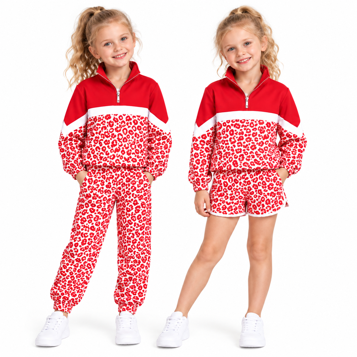 (Custom Design Preorder MOQ 5) Teams Red Leopard Zipper Pullover Top Split Shorts Girls Kids Clothes Set