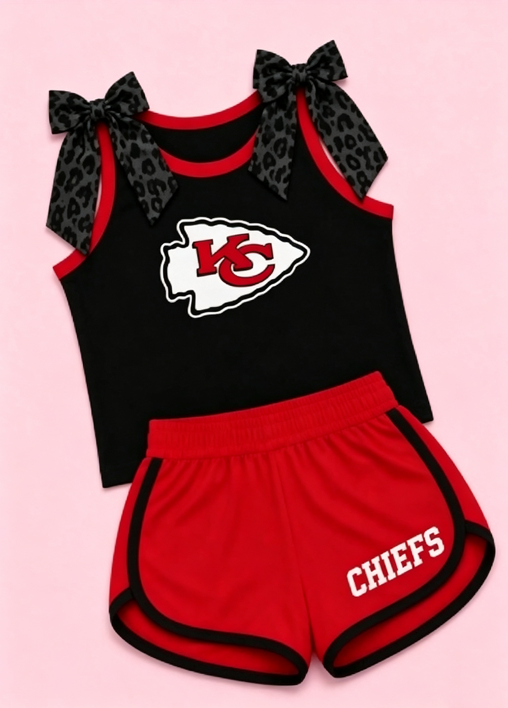 (Custom Design Preorder MOQ 5) Teams Chiefs KC Bows Vest Top Red Shorts Mommy and Me Summer Clothes Set
