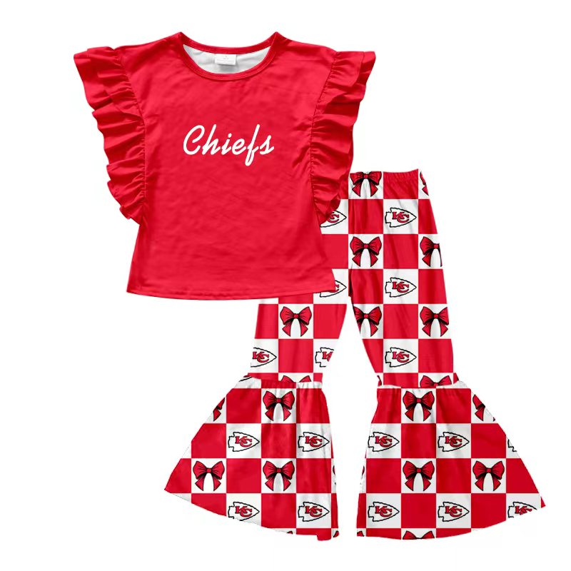 (Custom Design Preorder MOQ 5) Teams Chiefs KC Red Top Bows Checkerd Bell Pants Girls Clothes Set