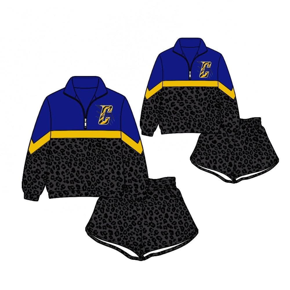 (Custom Design Preorder MOQ 5) Teams Creighton C Long Sleeve Zipper Top Black Leopard Shorts Mommy and Me Outfits