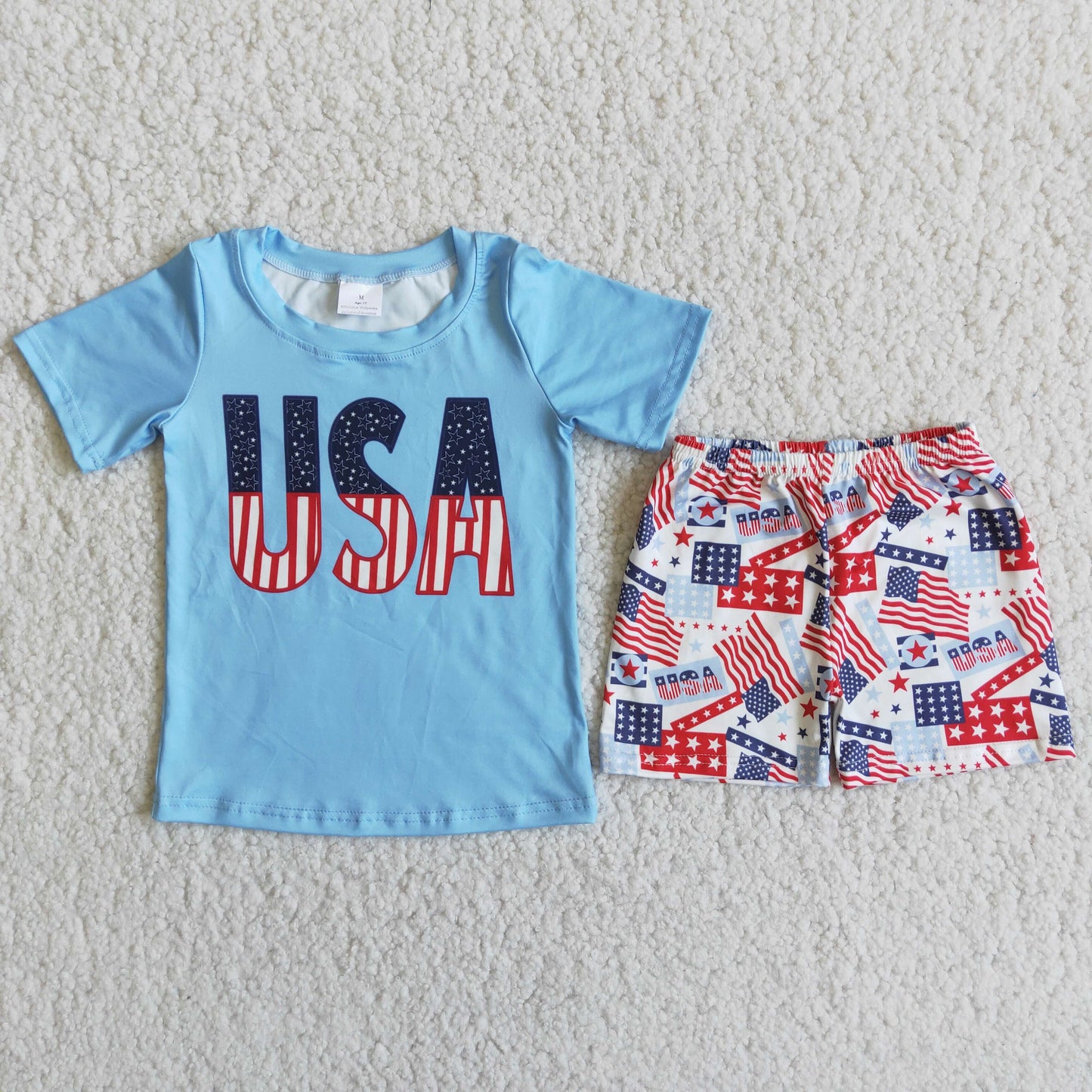 D11-19 USA Blue Top Flag Stars Shorts Boys 4th of July Clothes Set