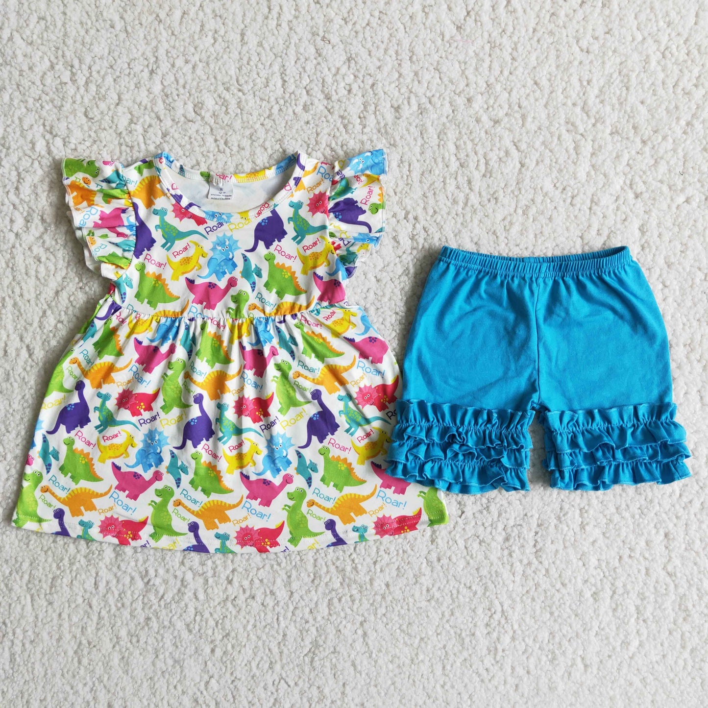 D11-27 Colorful Dino Tunic Top Blue Shorts Girls Summer Outfits