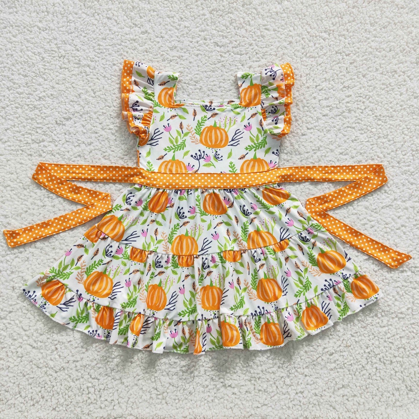 (Promotion) D6-20 Pumpkin Flowers Girls Fall Flutter Sleeve Knee Length Dress
